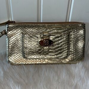 Gold leather snakeskin/reptile texture Sharif clutch wristlet purse night out